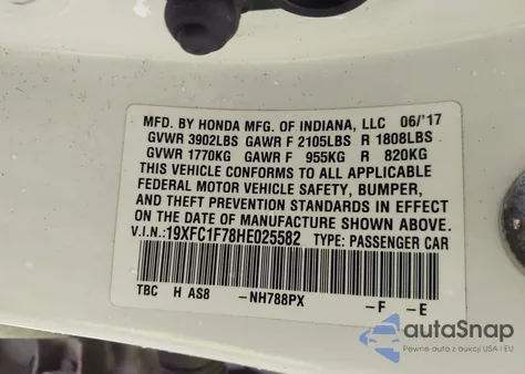 2017 Honda Civic Ex-L z USA, uszkodzony, nr VIN 19XFC1F78HE025582